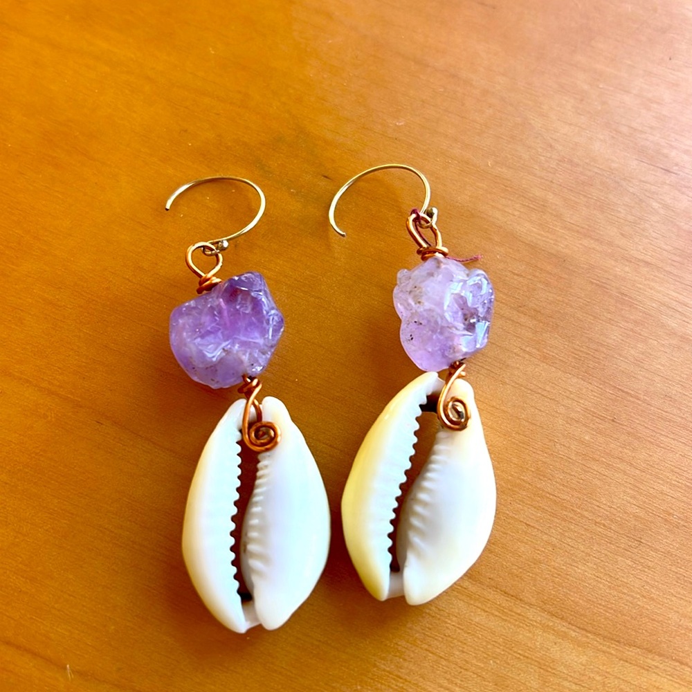 Handcrafted Amethyst and Cowrie Shell Earrings